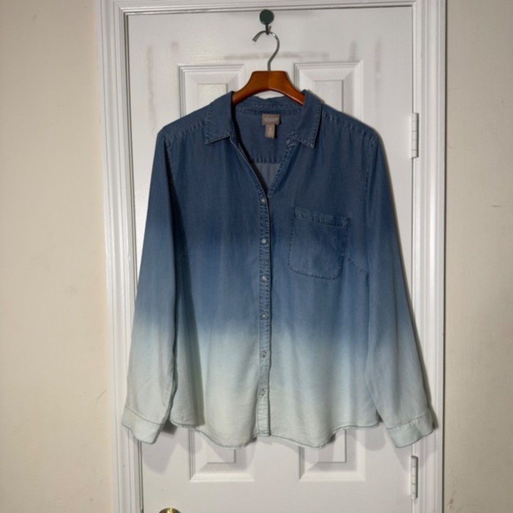 Chico's Chambray Ombré Button Down Shirt Lyocell Lightweight XL